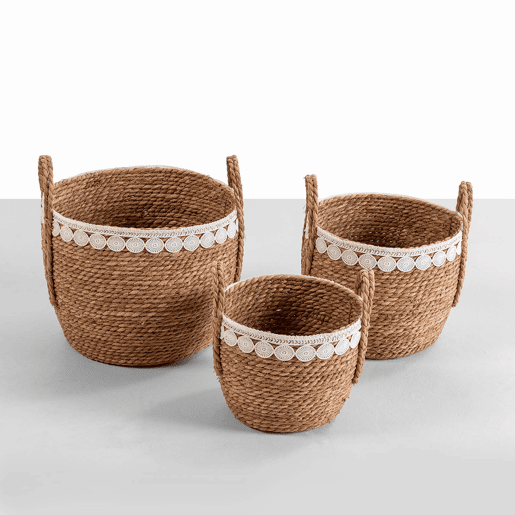 Conjunto de 3 cestos de fibra natural Yasmina com pegas, branconatural
