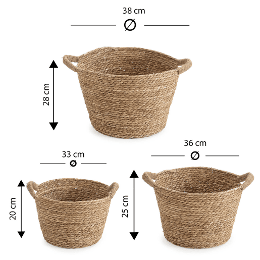 Conjunto de 3 cestos de fibra natural Icia com pegas
