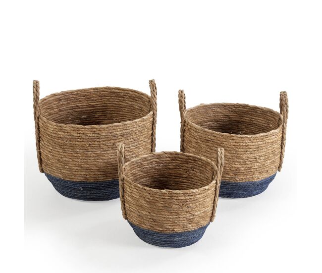 Set de 3 cestas iria de fibra natural con asas, azul/natural