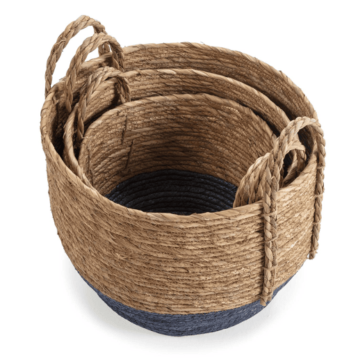 Conjunto de 3 cestos Iria em fibra natural com pegas, azulnatural