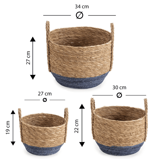 Conjunto de 3 cestos Iria em fibra natural com pegas, azulnatural