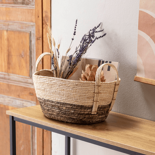 Conjunto de 3 cestos Xiana em fibra natural com pegas, brancocastanho