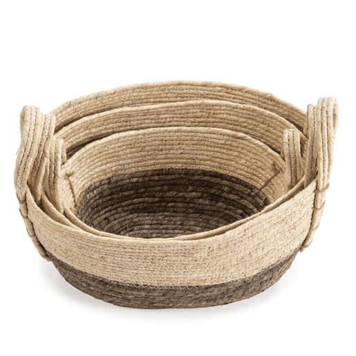 Conjunto de 3 cestos Xiana em fibra natural com pegas, brancocastanho