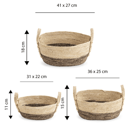 Conjunto de 3 cestos Xiana em fibra natural com pegas, brancocastanho