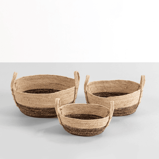 Conjunto de 3 cestos Xiana em fibra natural com pegas, brancocastanho