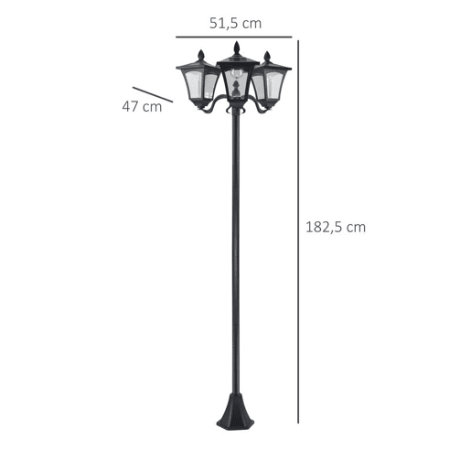 Outsunny Candeeiro Solar de Jardim com 3 Luzes LED Impermeável IP44 Sensor de Noite Candeeiro de Exterior para Terraço Pátio 51,5x47x182,5cm Preto
