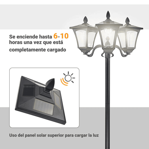 Outsunny Candeeiro Solar de Jardim com 3 Luzes LED Impermeável IP44 Sensor de Noite Candeeiro de Exterior para Terraço Pátio 51,5x47x182,5cm Preto