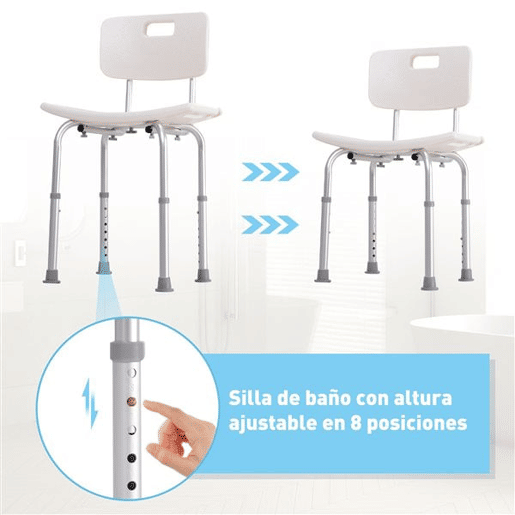HOMCOM Cadeira para Duche Antiderrapante com Altura Ajustável em 8 Níveis Cadeira de Banho 50,6x43x71-88 cm Branco