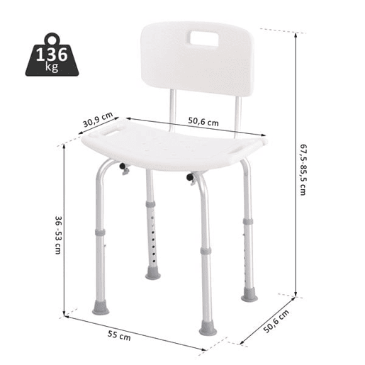 HOMCOM Cadeira para Duche Antiderrapante com Altura Ajustável em 8 Níveis Cadeira de Banho 50,6x43x71-88 cm Branco