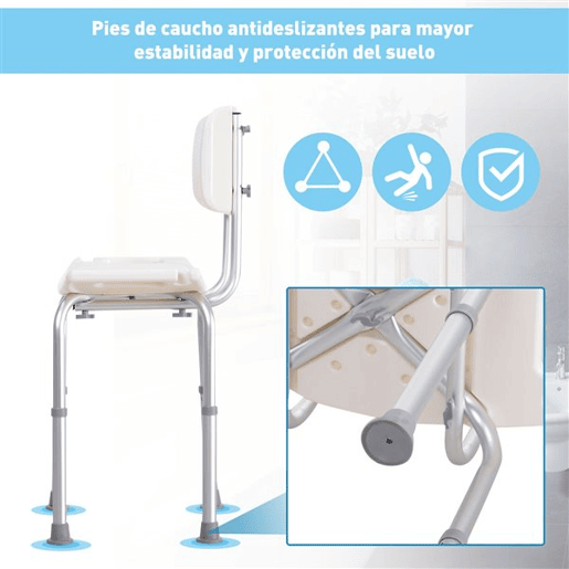 HOMCOM Cadeira para Duche Antiderrapante com Altura Ajustável em 8 Níveis Cadeira de Banho 50,6x43x71-88 cm Branco