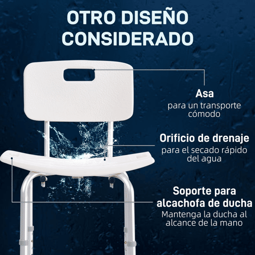 HOMCOM Cadeira para Duche Antiderrapante com Altura Ajustável em 8 Níveis Cadeira de Banho 50,6x43x71-88 cm Branco