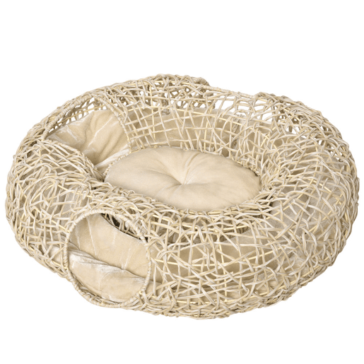 PawHut Cama para Gatos de Vime PE 78x69x22cm Cama para Gatos com Almofada Suave 3 Orifícios de Acesso e Canal em Forma de Anel Natural