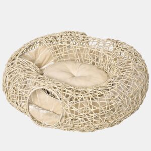 PawHut Cama para Gatos de Vime PE 78x69x22cm Cama para Gatos com Almofada Suave 3 Orifícios de Acesso e Canal em Forma de Anel Natural