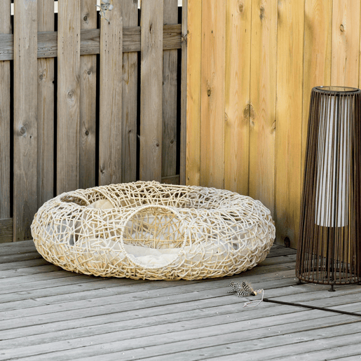 PawHut Cama para Gatos de Vime PE 78x69x22cm Cama para Gatos com Almofada Suave 3 Orifícios de Acesso e Canal em Forma de Anel Natural