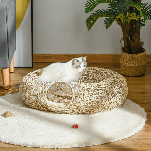 PawHut Cama para Gatos de Vime PE 78x69x22cm Cama para Gatos com Almofada Suave 3 Orifícios de Acesso e Canal em Forma de Anel Natural
