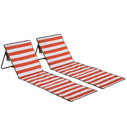 Outsunny Conjunto de 2 Esteiras de Praia Dobráveis Acolchoadas em Tecido Oxford PVC 600D com Encosto Reclinável e Alça de Transporte para Jardim 142x51x40 cm Vermelho e Branco