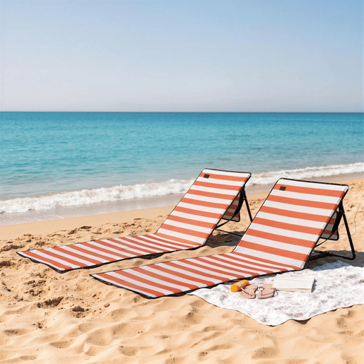 Outsunny Conjunto de 2 Esteiras de Praia Dobráveis Acolchoadas em Tecido Oxford PVC 600D com Encosto Reclinável e Alça de Transporte para Jardim 142x51x40 cm Vermelho e Branco