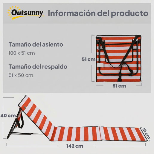 Outsunny Conjunto de 2 Esteiras de Praia Dobráveis Acolchoadas em Tecido Oxford PVC 600D com Encosto Reclinável e Alça de Transporte para Jardim 142x51x40 cm Vermelho e Branco