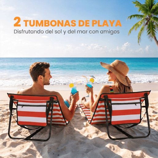 Outsunny Conjunto de 2 Esteiras de Praia Dobráveis Acolchoadas em Tecido Oxford PVC 600D com Encosto Reclinável e Alça de Transporte para Jardim 142x51x40 cm Vermelho e Branco