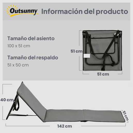 Outsunny Conjunto de 2 Esteiras de Praia Dobráveis em Tecido Oxford 600D com Encosto Reclinável e Alça de Transporte para Jardim 142x51x40 cm Cinzento