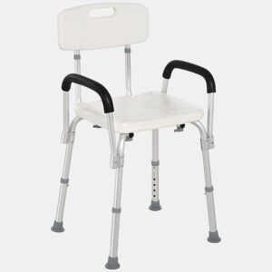 HOMCOM Cadeira para Duche Antiderrapante com Altura Ajustável em 6 Níveis Cadeira de Banho com Apoio para os Braços Amovíveis 47x50x74-87 cm Branco