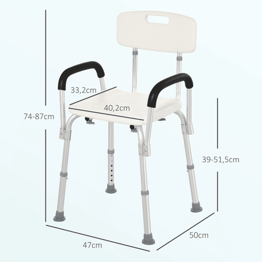 HOMCOM Cadeira para Duche Antiderrapante com Altura Ajustável em 6 Níveis Cadeira de Banho com Apoio para os Braços Amovíveis 47x50x74-87 cm Branco