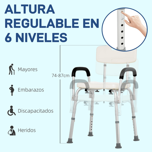 HOMCOM Cadeira para Duche Antiderrapante com Altura Ajustável em 6 Níveis Cadeira de Banho com Apoio para os Braços Amovíveis 47x50x74-87 cm Branco