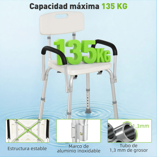 HOMCOM Cadeira para Duche Antiderrapante com Altura Ajustável em 6 Níveis Cadeira de Banho com Apoio para os Braços Amovíveis 47x50x74-87 cm Branco