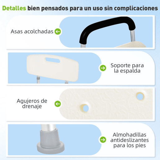 HOMCOM Cadeira para Duche Antiderrapante com Altura Ajustável em 6 Níveis Cadeira de Banho com Apoio para os Braços Amovíveis 47x50x74-87 cm Branco