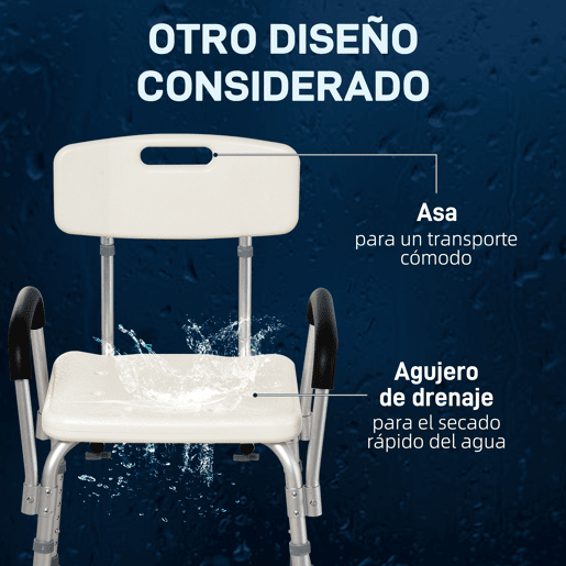 HOMCOM Cadeira para Duche Antiderrapante com Altura Ajustável em 6 Níveis Cadeira de Banho com Apoio para os Braços Amovíveis 47x50x74-87 cm Branco
