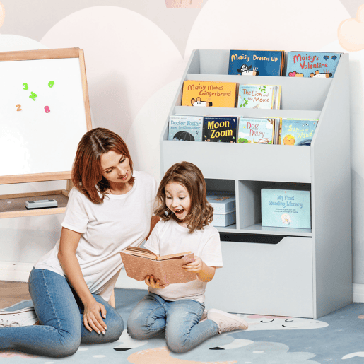 HOMCOM Estante de Brinquedos com 3 Compartimentos 2 Prateleiras e Gaveta Móvel com 4 Rodas Estante para Livros Infantil para Dormitório Infantil Sala de Jogos 60x29,9x90cm Cinza