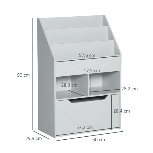 HOMCOM Estante de Brinquedos com 3 Compartimentos 2 Prateleiras e Gaveta Móvel com 4 Rodas Estante para Livros Infantil para Dormitório Infantil Sala de Jogos 60x29,9x90cm Cinza