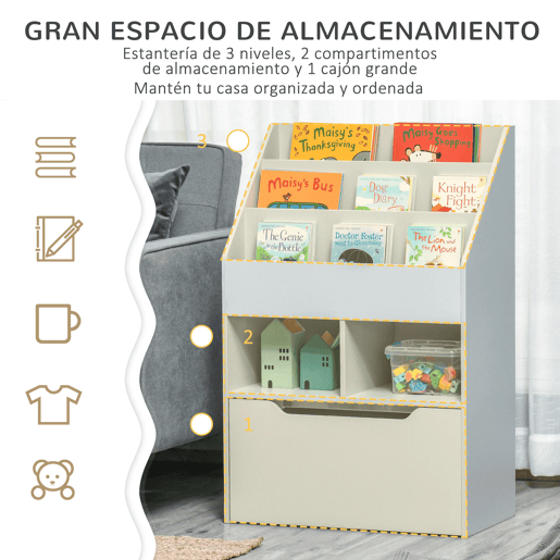 HOMCOM Estante de Brinquedos com 3 Compartimentos 2 Prateleiras e Gaveta Móvel com 4 Rodas Estante para Livros Infantil para Dormitório Infantil Sala de Jogos 60x29,9x90cm Cinza