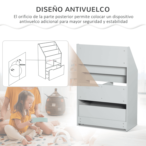 HOMCOM Estante de Brinquedos com 3 Compartimentos 2 Prateleiras e Gaveta Móvel com 4 Rodas Estante para Livros Infantil para Dormitório Infantil Sala de Jogos 60x29,9x90cm Cinza