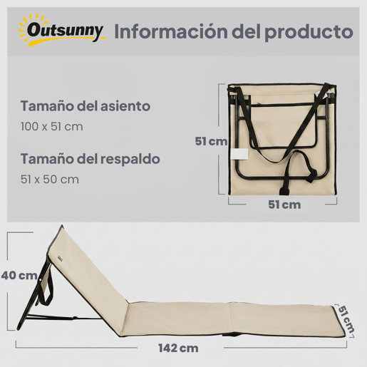 Outsunny Conjunto de 2 Esteiras de Praia Dobráveis com Encosto Reclinável, Almofadadas, em Tecido Oxford PVC 600D e Alça de Transporte para Jardim 142x51x40 cm Bege