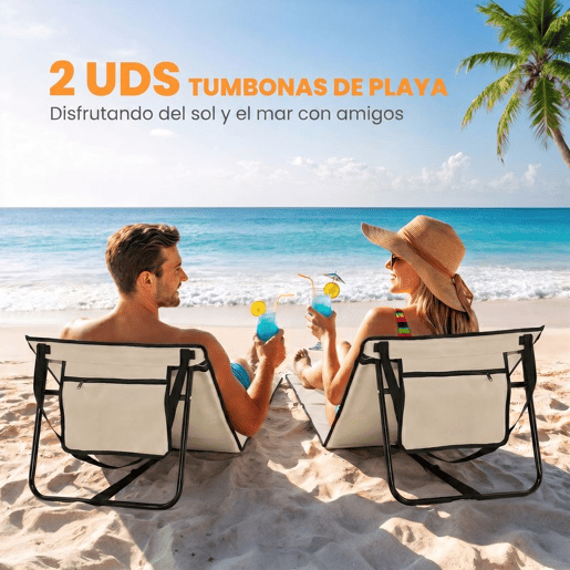 Outsunny Conjunto de 2 Esteiras de Praia Dobráveis com Encosto Reclinável, Almofadadas, em Tecido Oxford PVC 600D e Alça de Transporte para Jardim 142x51x40 cm Bege