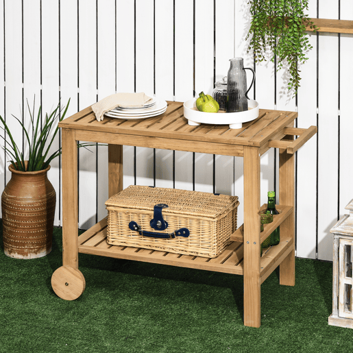 Outsunny Carrinho de Madeira Exterior com 2 Níveis Alça Lateral 3 Suportes para Garrafas e 2 Rodas para Jardim Pátio Varanda 95x47x74 cm Madeira