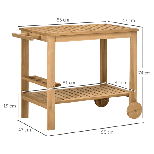 Outsunny Carrinho de Madeira Exterior com 2 Níveis Alça Lateral 3 Suportes para Garrafas e 2 Rodas para Jardim Pátio Varanda 95x47x74 cm Madeira