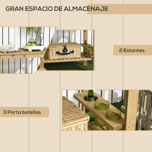 Outsunny Carrinho de Madeira Exterior com 2 Níveis Alça Lateral 3 Suportes para Garrafas e 2 Rodas para Jardim Pátio Varanda 95x47x74 cm Madeira
