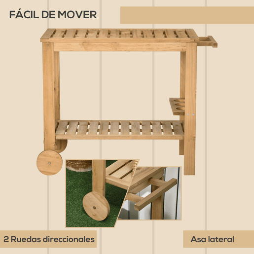 Outsunny Carrinho de Madeira Exterior com 2 Níveis Alça Lateral 3 Suportes para Garrafas e 2 Rodas para Jardim Pátio Varanda 95x47x74 cm Madeira