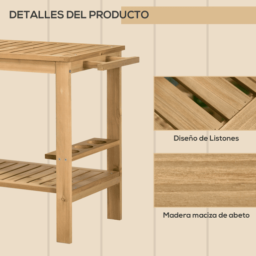 Outsunny Carrinho de Madeira Exterior com 2 Níveis Alça Lateral 3 Suportes para Garrafas e 2 Rodas para Jardim Pátio Varanda 95x47x74 cm Madeira