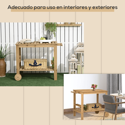 Outsunny Carrinho de Madeira Exterior com 2 Níveis Alça Lateral 3 Suportes para Garrafas e 2 Rodas para Jardim Pátio Varanda 95x47x74 cm Madeira