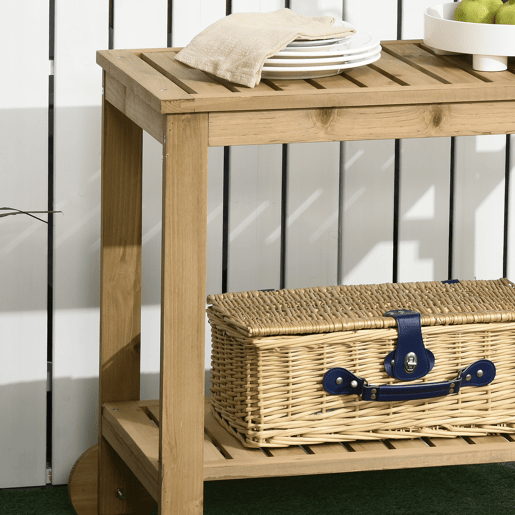 Outsunny Carrinho de Madeira Exterior com 2 Níveis Alça Lateral 3 Suportes para Garrafas e 2 Rodas para Jardim Pátio Varanda 95x47x74 cm Madeira