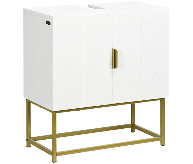 Kleankin mueble para debajo del lavabo armario para lavabo de baño moderno armario bajo con 2 puertas y patas de acero dorado 60x30x65 cm blanco