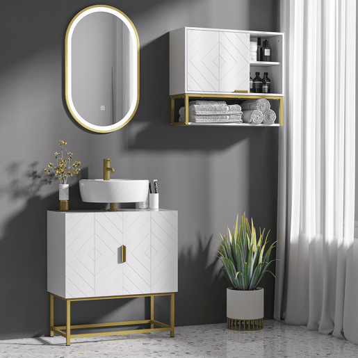 kleankin Móvel para Lavatório Pousar Armário para Casa de Banho Moderno com 2 Portas e Pés de Aço 60x30x65 cm Branco e Dourado