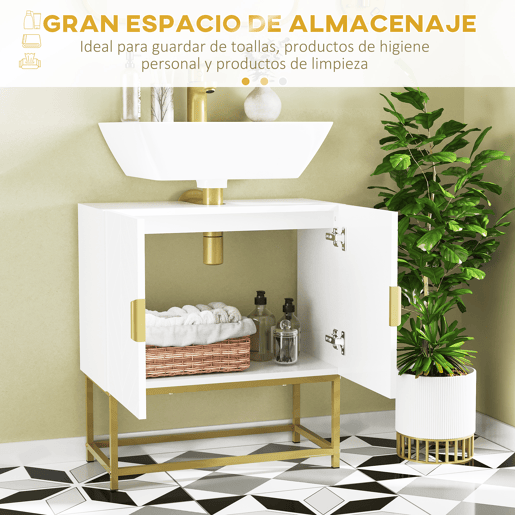 kleankin Móvel para Lavatório Pousar Armário para Casa de Banho Moderno com 2 Portas e Pés de Aço 60x30x65 cm Branco e Dourado