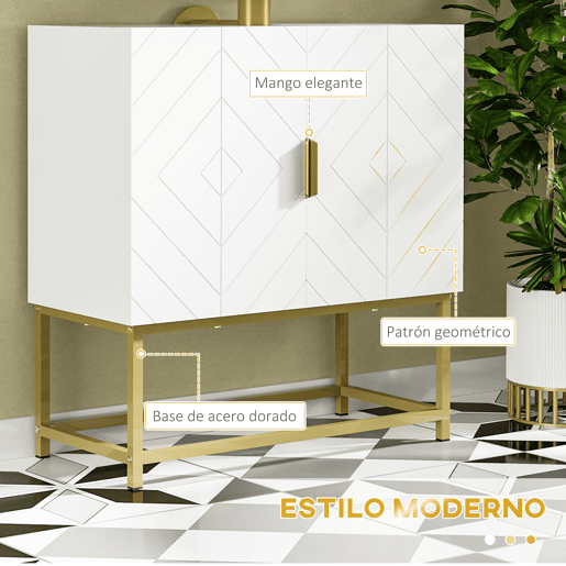 kleankin Móvel para Lavatório Pousar Armário para Casa de Banho Moderno com 2 Portas e Pés de Aço 60x30x65 cm Branco e Dourado