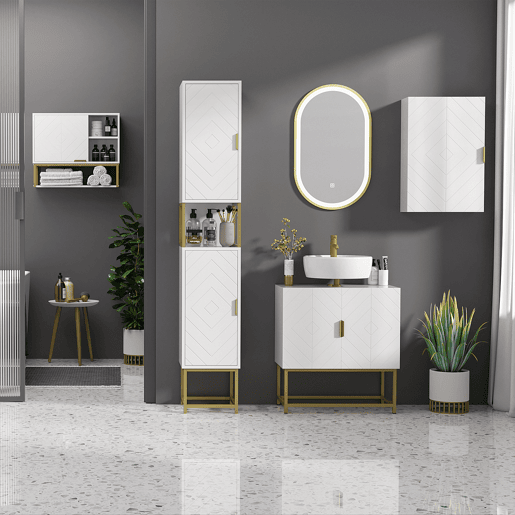 kleankin Móvel para Lavatório Pousar Armário para Casa de Banho Moderno com 2 Portas e Pés de Aço 60x30x65 cm Branco e Dourado