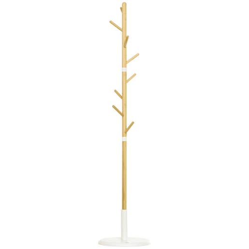 HOMCOM Cabide de Pé de Bambu Cabide de Pé Moderno com 8 Ganchos para Roupas Bolsas Cabide em Forma de Árvore para Entrada Dormitório Ø37,8x175,6 cm Madeira e Branco