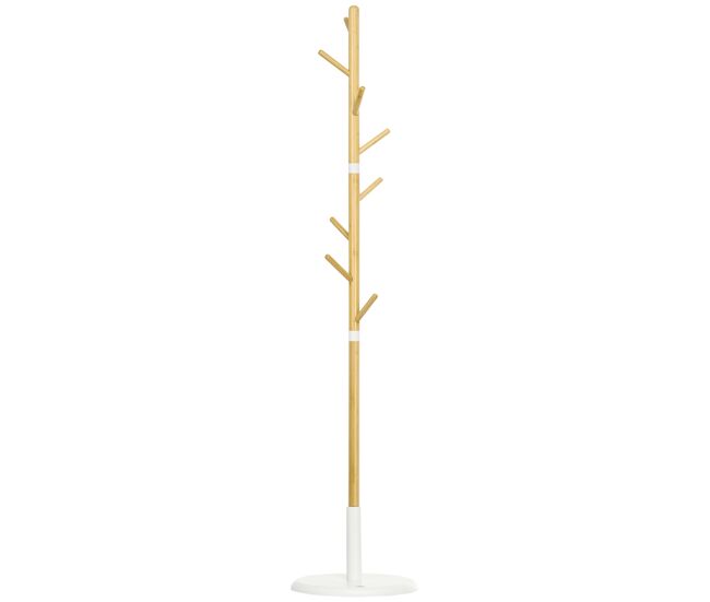 Homcom perchero de pie de bambú perchero de pasillo moderno con 8 ganchos para ropas bolsas perchero de árbol para entrada dormitorio ø37,8x175,6 cm natural
